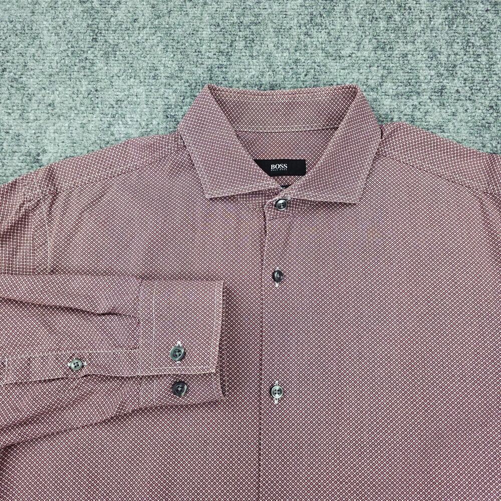 Hugo Boss Shirt Mens 16.5 Large Red Pattern Slim Fit Canclini Cotton Dress
